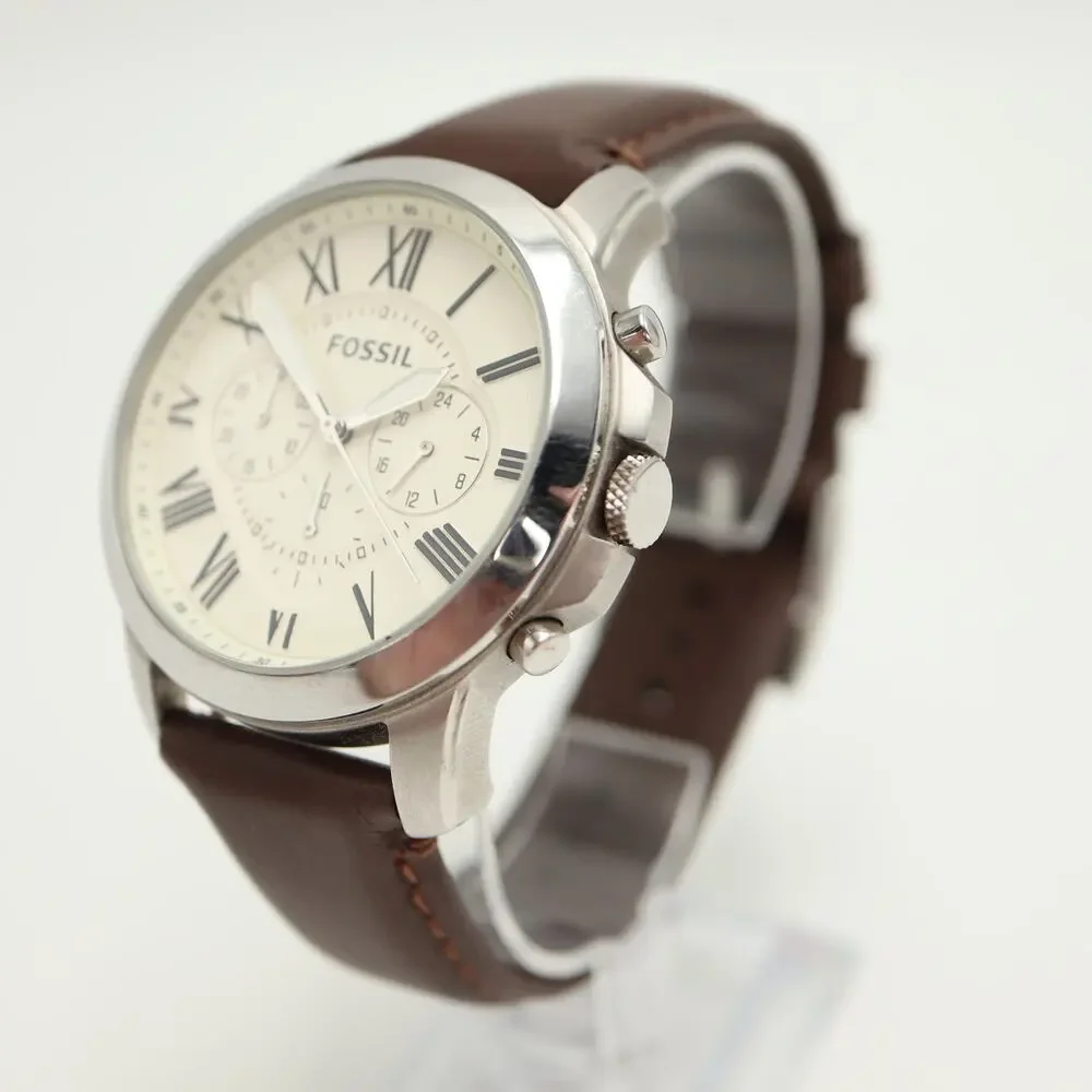 Fossil Grant Beige 44mm Chronograph Watch Brown Leather FS-4735 w New Battery